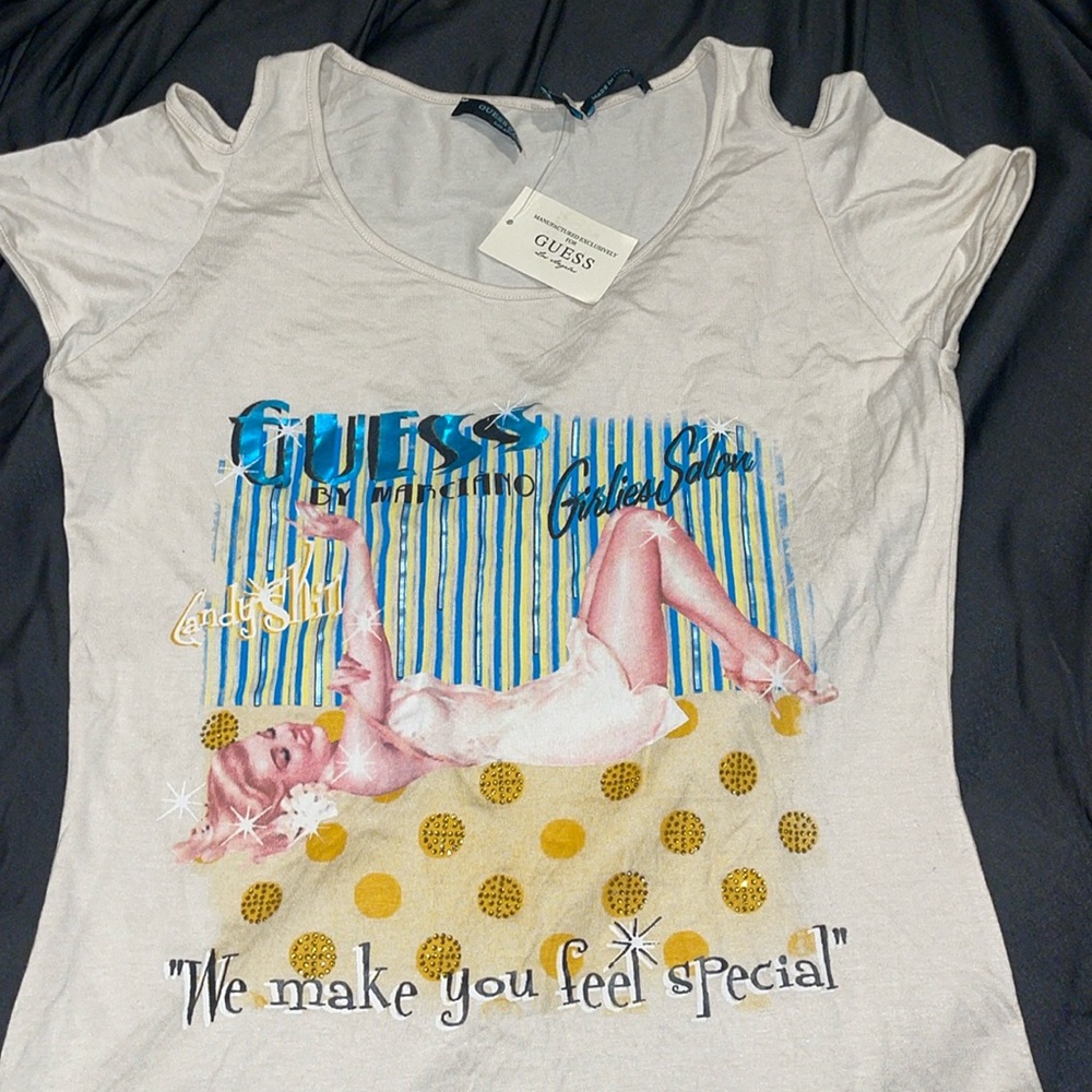 New Guess Marciano Mesh Trim Embellished Tee T-shirt Top off Shoulder S 2